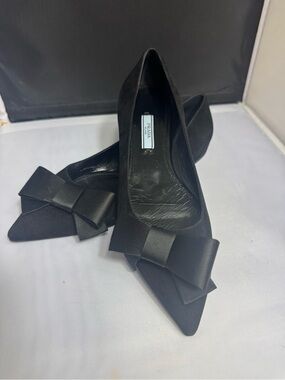 Prada Black Pointed Satin Bow Flats
